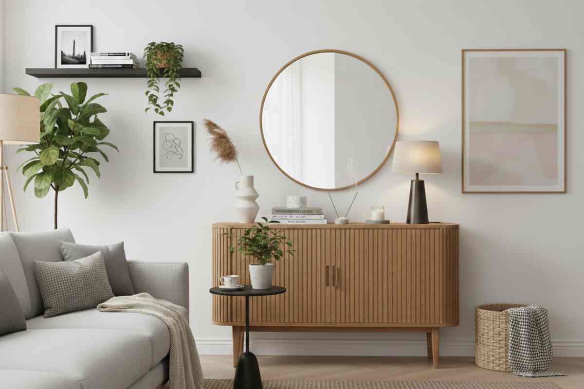 salotto completo con madia con ante cannettate di legno chiaro