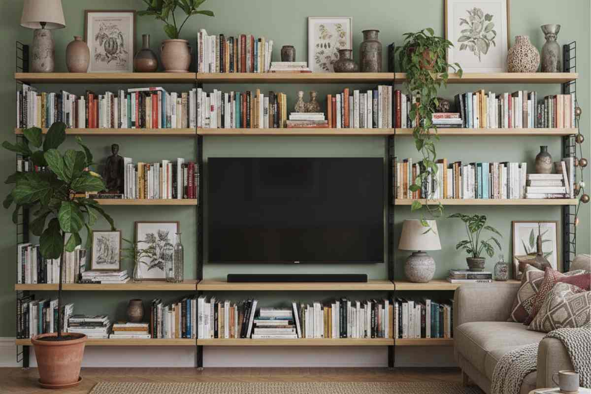 soluzione modulare a parete fatta di mensole  in un salotto con tv gigante