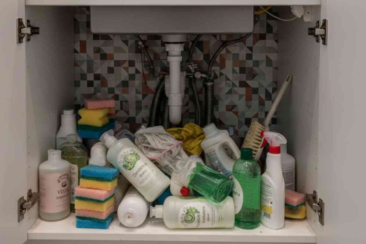 sottolavello pieno di prodotti disordinati