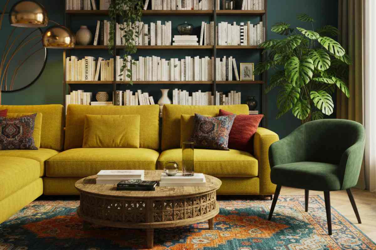 salotto arredato in modo sontuoso con divano ocra, tavolino in vimini e poltrona in velluto