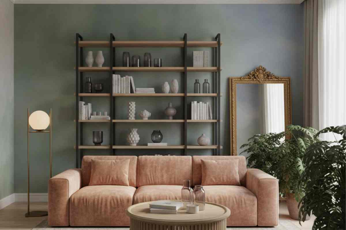 salotto con divano rosa, scaffale e pareti polverose