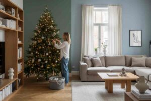 donna che disfa l'albero di natale nel salotto