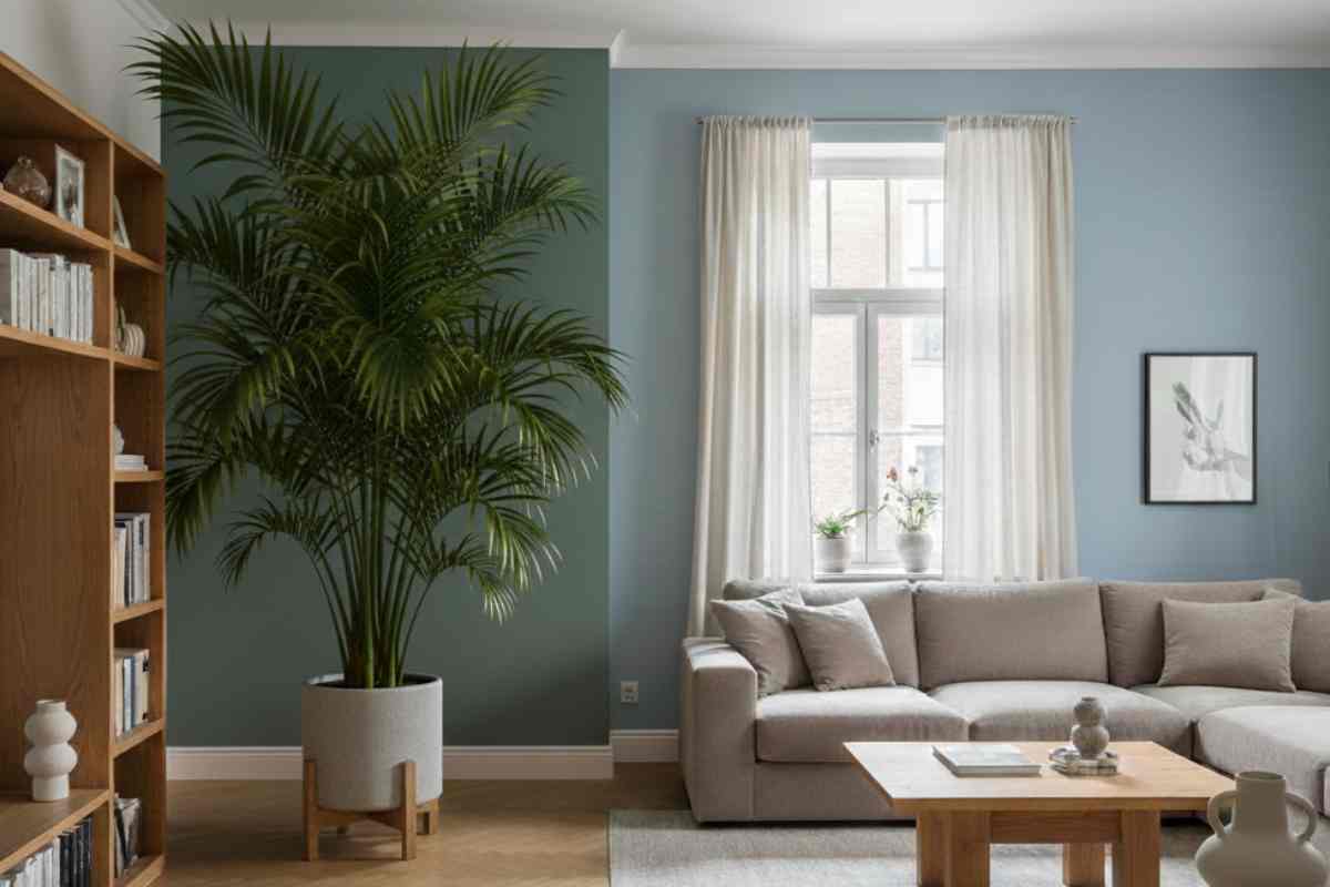 kentia in un salotto verde salvia e legno chiaro