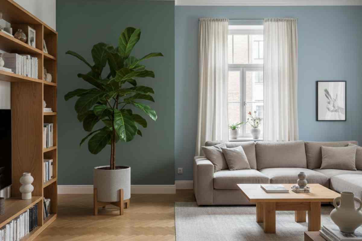 ficus lyrata in un salotto verde salvia e legno