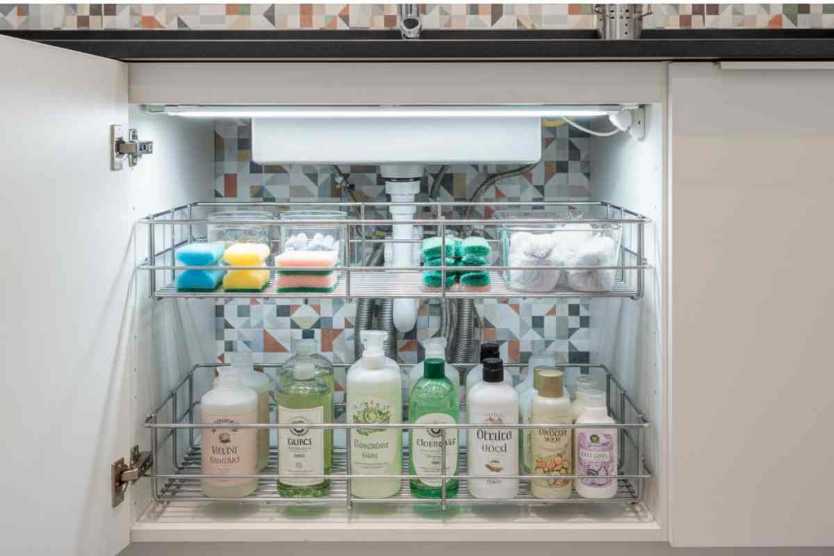 sottolavello ordinato con un carrello estraibile di prodotti