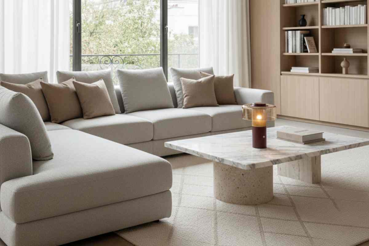 salotto elegnate sui toni neutri con una lampada anni 70 sul tavolino