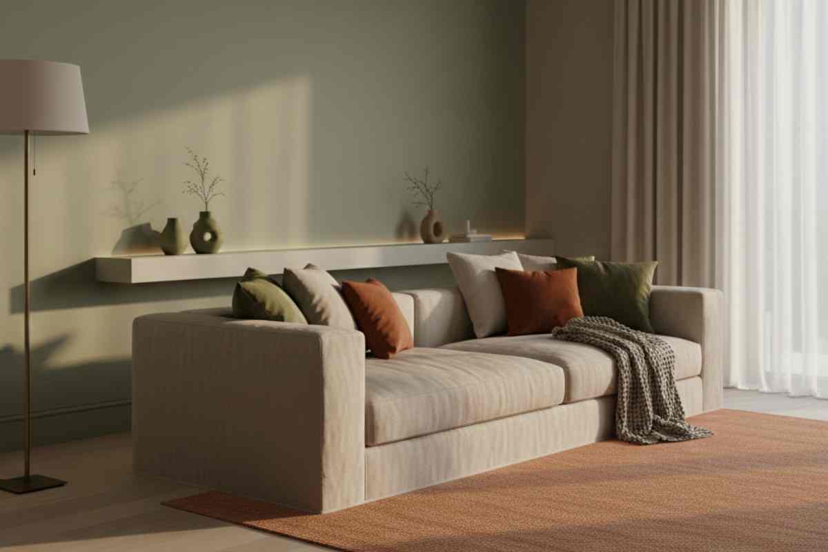 divano beige e cuscini colorati con parete verde