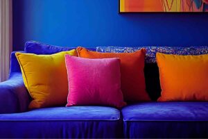 divano blu e cuscini colorati