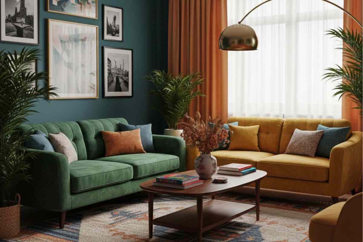 salotto con due divani di velluto verde e ocra