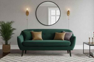 divano verde bosco in un salotto con specchio , pianta e tavolino