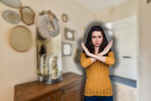 specchi in casa e donna che fa stop con le mani