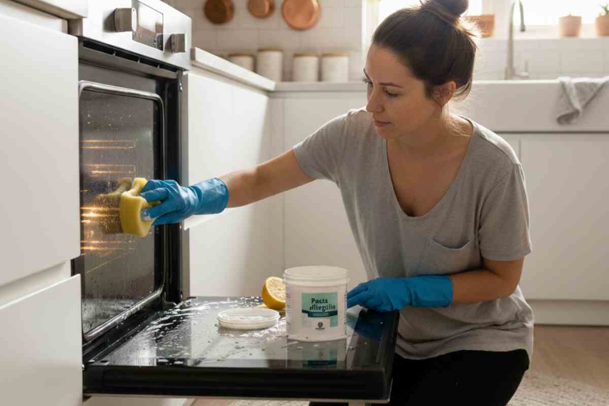 donna che tenta di pulire il forno di cucina