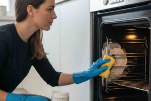 donna pulisce dentro il forno con una spugna