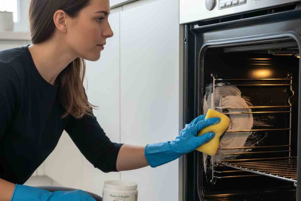 donna pulisce dentro il forno con una spugna