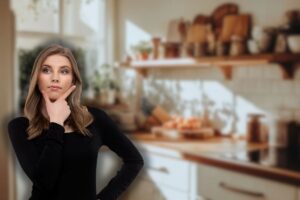 cucina sullo sfondo e donna che pensa in primo piano