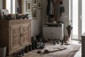 ingresso di casa in disordine con scarpe ovunque