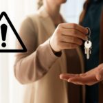 Una donna che da delle chiavi di casa ad un signore e un segnale di pericolo sulla sinistra