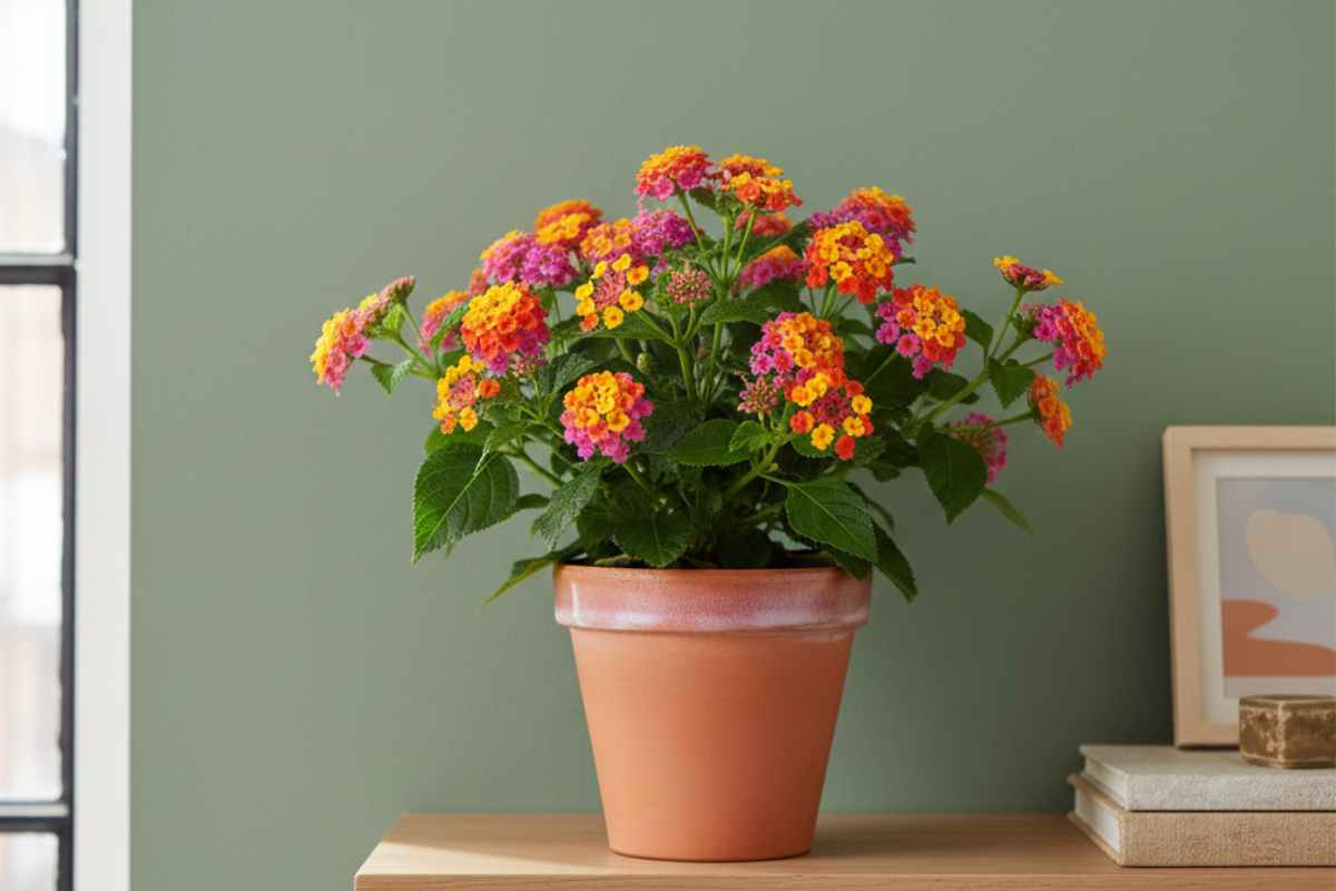 lantana su un mobile di legno con parete di colore polveroso