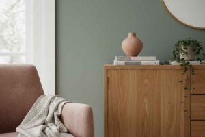 poltrona velluto e madia legno su sfondo parete salvia