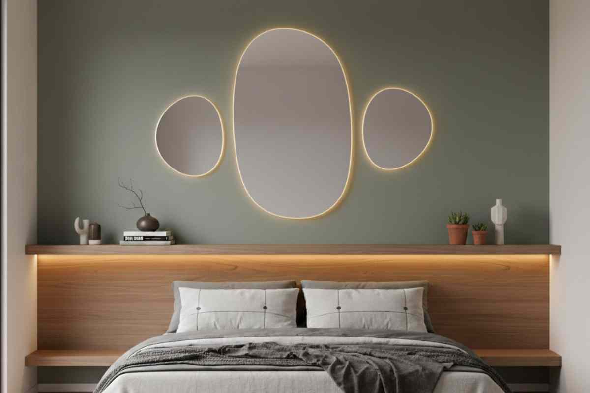 letto con parete con specchio