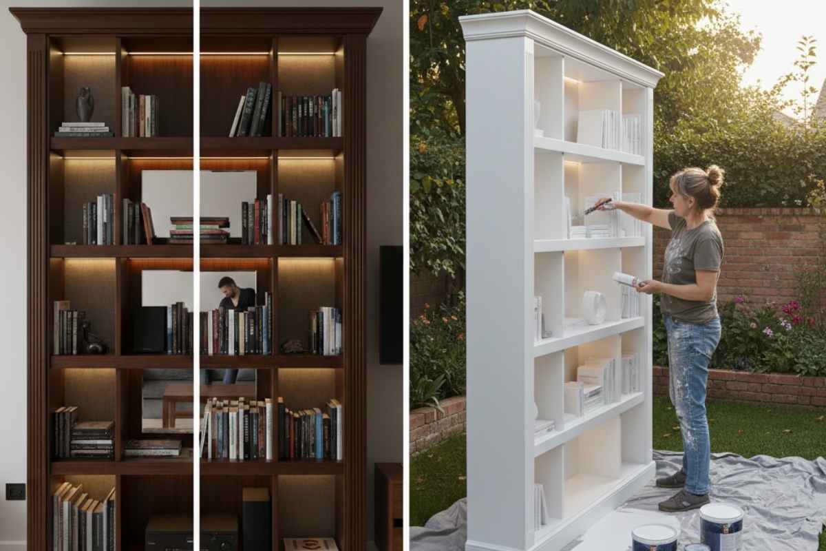 prima e dopo di una libreria restaurata e ridipinta