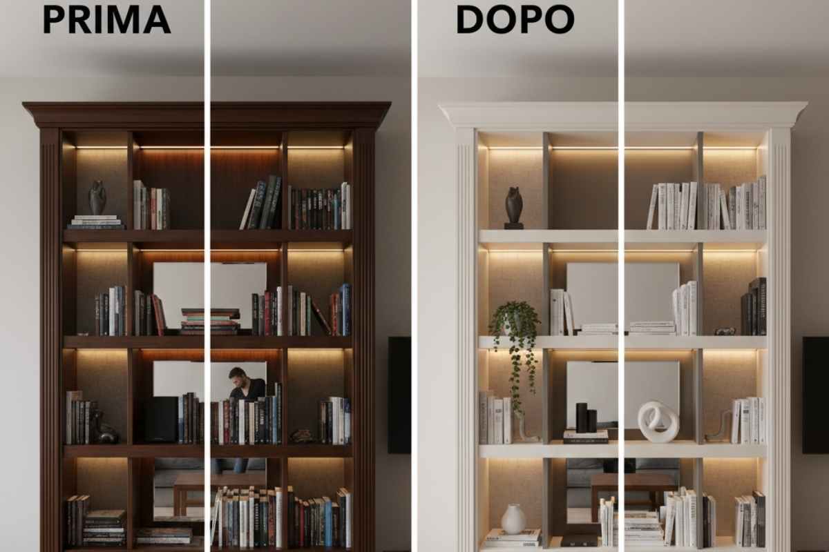 prima e dopo di una libreria di legno scuro ridipinta