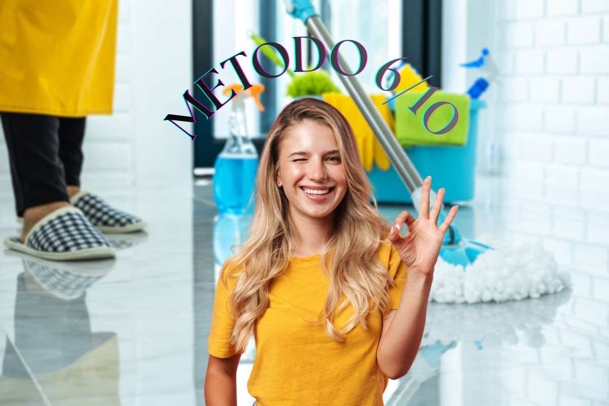 scritta metodo 6/10, donna che fa ok con la mano e sfondo di una donna che pulisce
