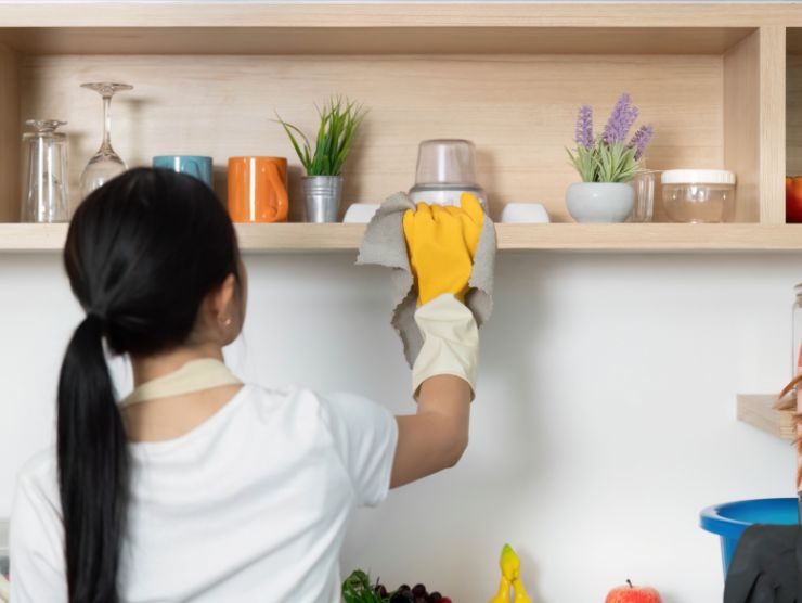 donna di spalle che spolvera mensola 