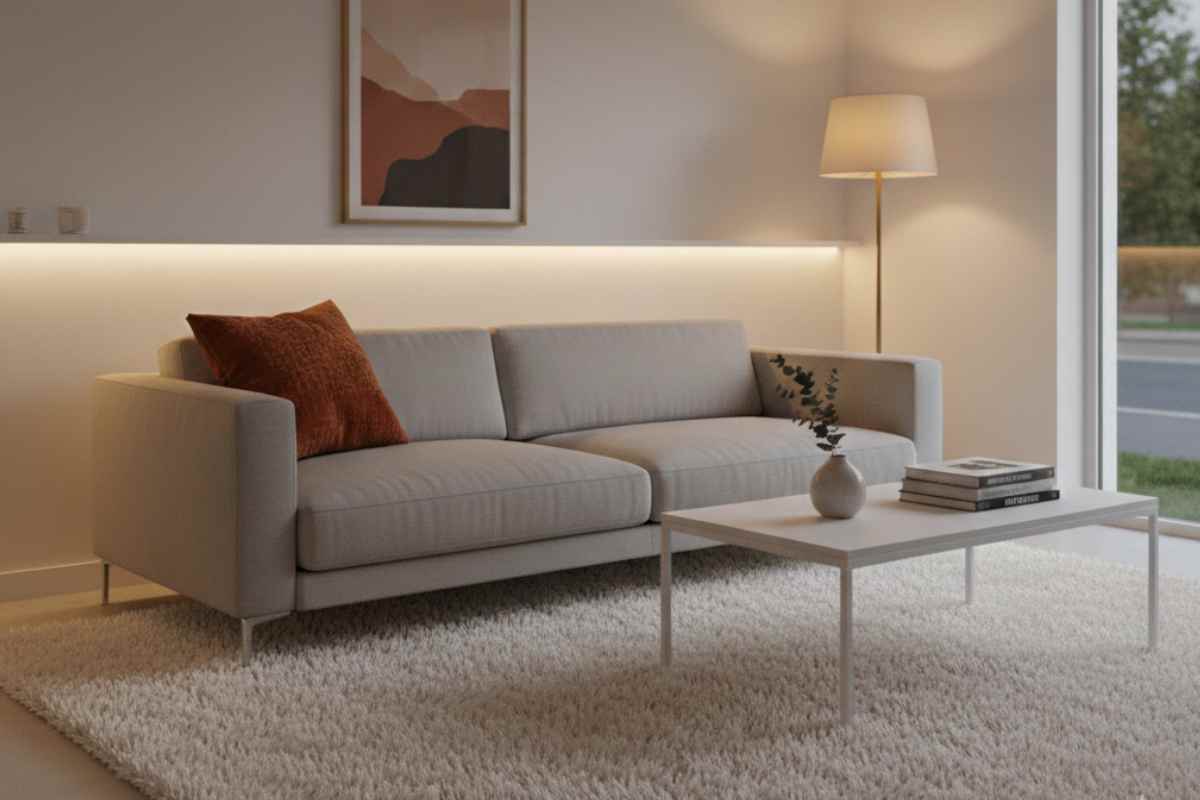 salotto minimal con tappeto di lana grande