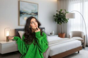 sfondo di una camera da letto e in primo piano una donna che pensa