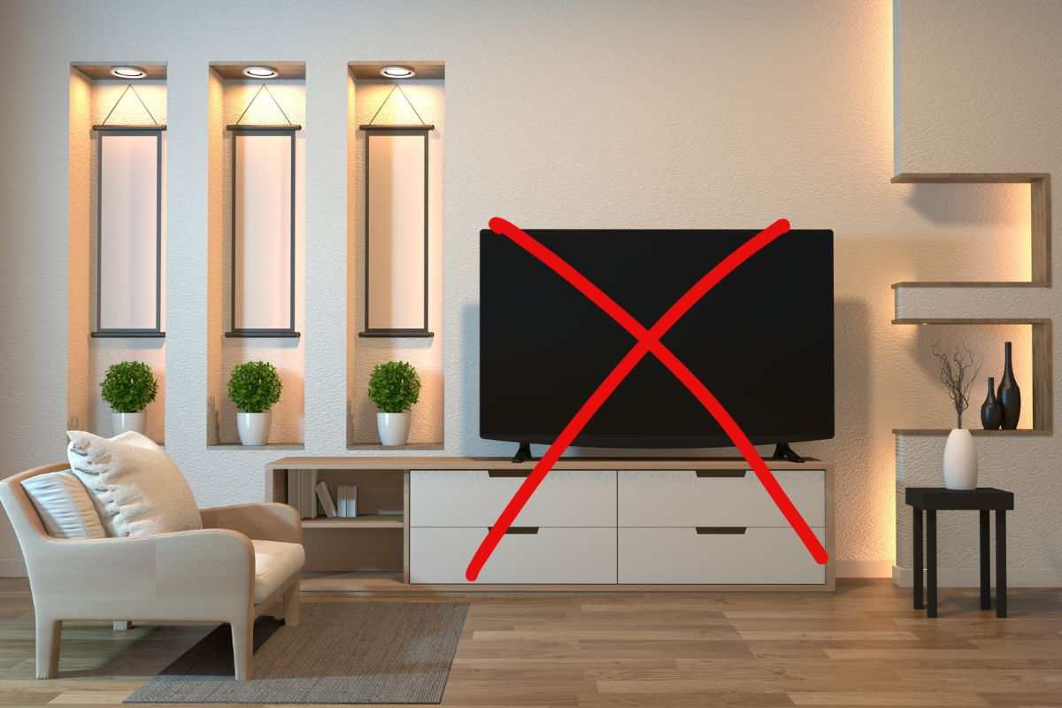 mobile tv in soggiorno con x rossa su televisore