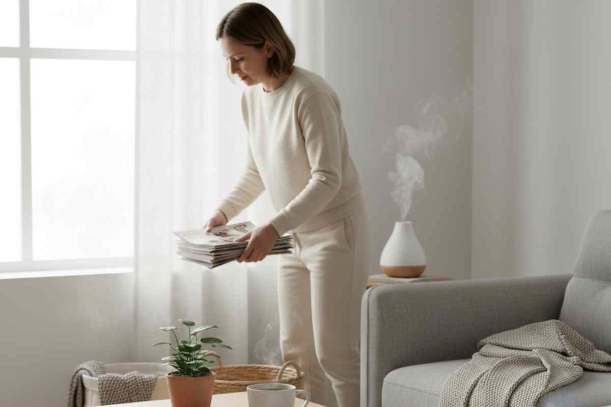 donna che ripone in un cesto delle riviste