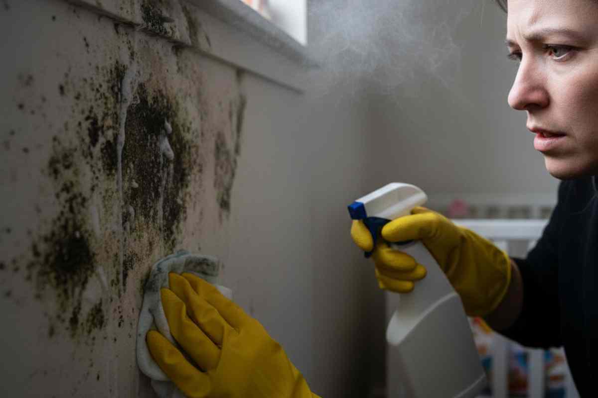 donna che cerca di spruzzare candeggina sulla muffa