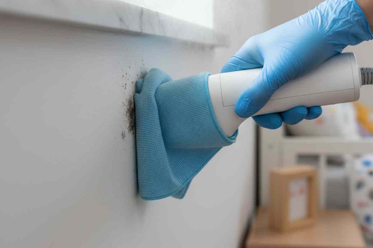 vaporella che cerca di togliere la muffa sotto le finestre