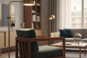 salotto con poltrona verde e lampada con luce calda ad arco