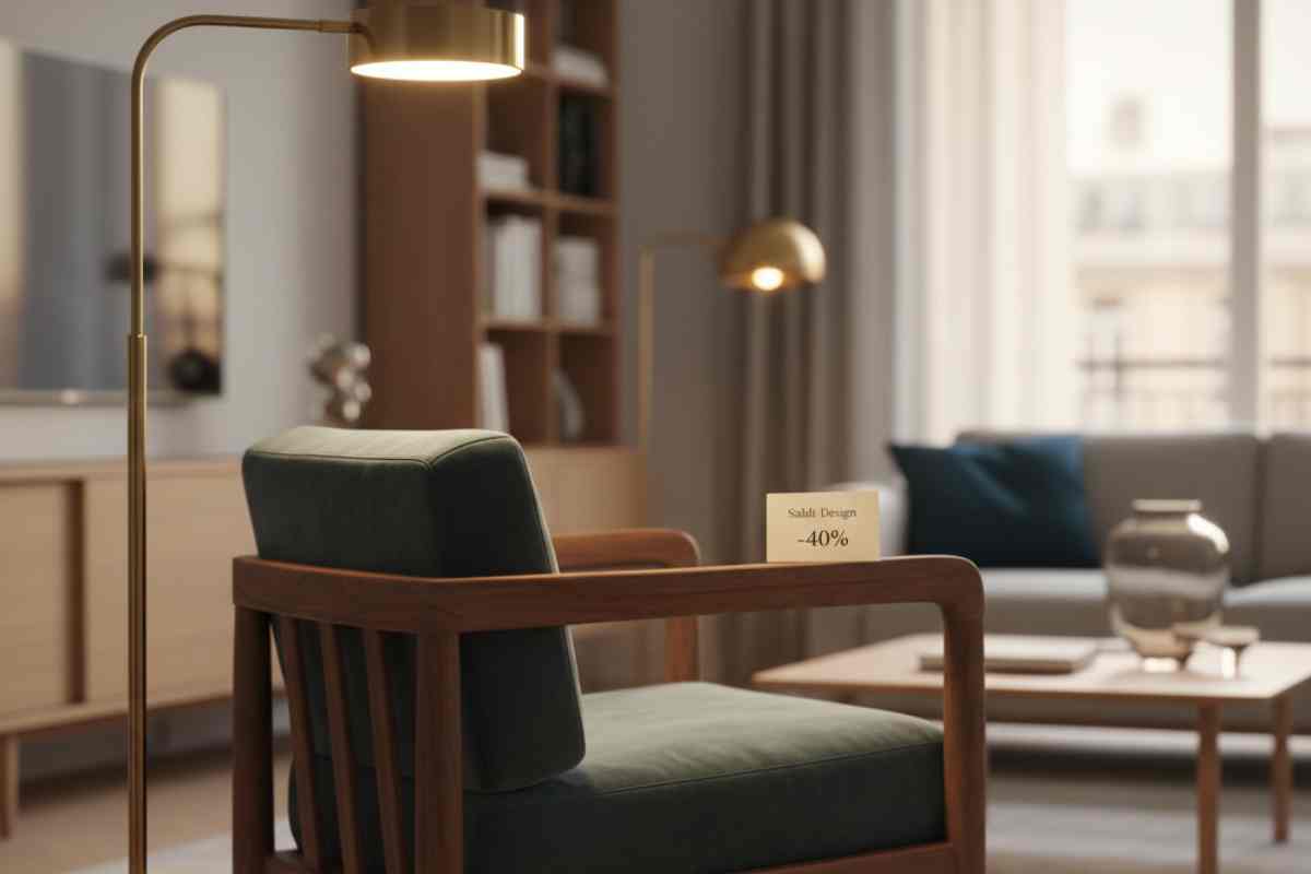 salotto con poltrona verde e lampada con luce calda ad arco