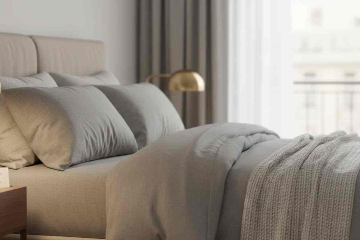 letto matrimoniale con biancheria dai colori neutri