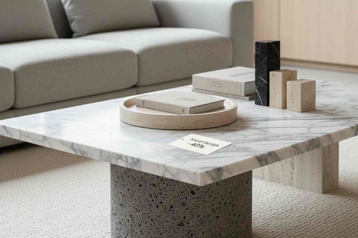 tavolino di marmo al centro di un salotto dai colori neutri
