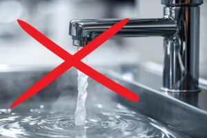 rubinetto della cucina che eroga acqua calda e una x rossa in evidenza