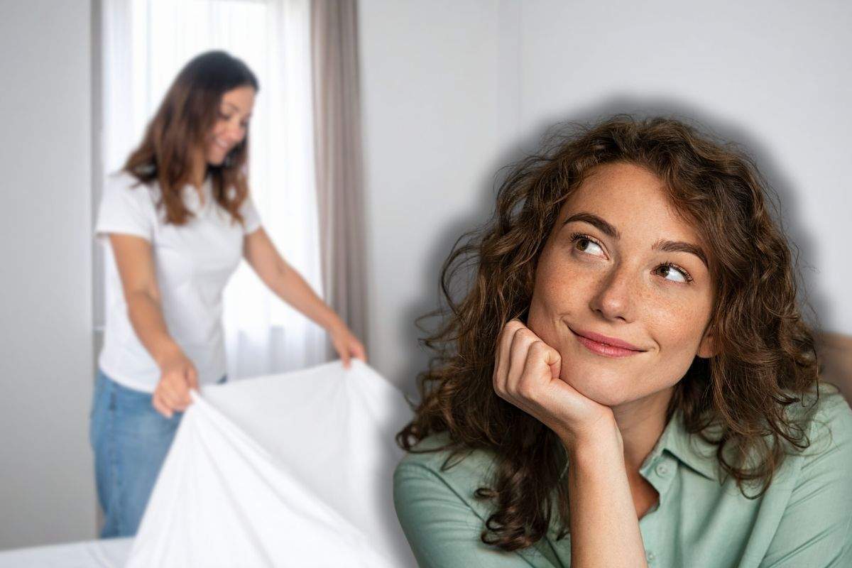 donna che rifà il letto e un'altra sorridente che pensa