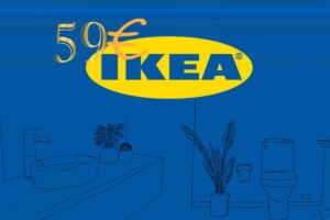 Uno sfondo blu con in primo piano un bagno disegnato e un logo Ikea con sopra un simbolo di 59 euro