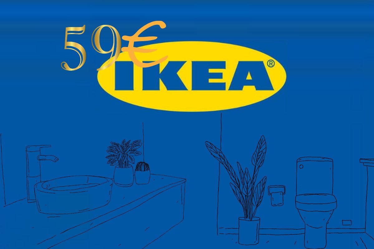Uno sfondo blu con in primo piano un bagno disegnato e un logo Ikea con sopra un simbolo di 59 euro