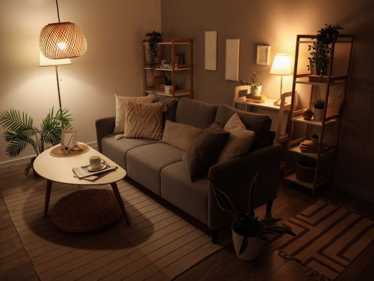 soggiorno poco illuminato in cui si vede un divano e un tavolino con alle spalle una libreria