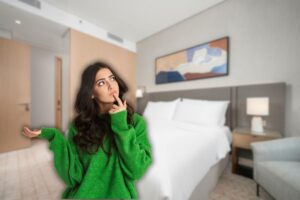 camera da letto moderna e in primo piano una ragazza che pensa