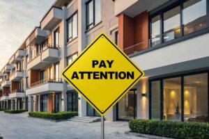 condominio e cartello giallo con scritta attenzione