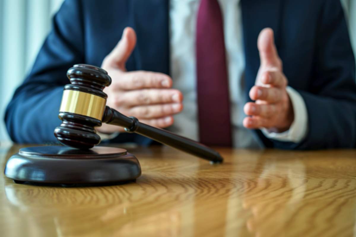 avvocato con martelletto davanti a lui 