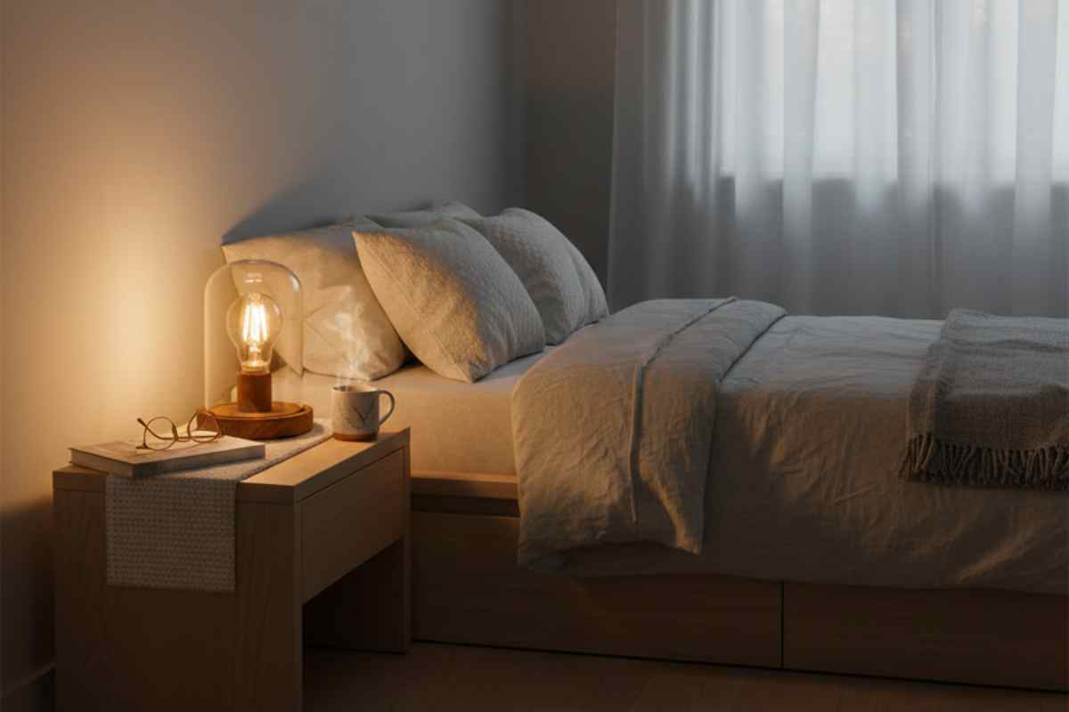 lampada vintage in camera da letto con luce soffusa