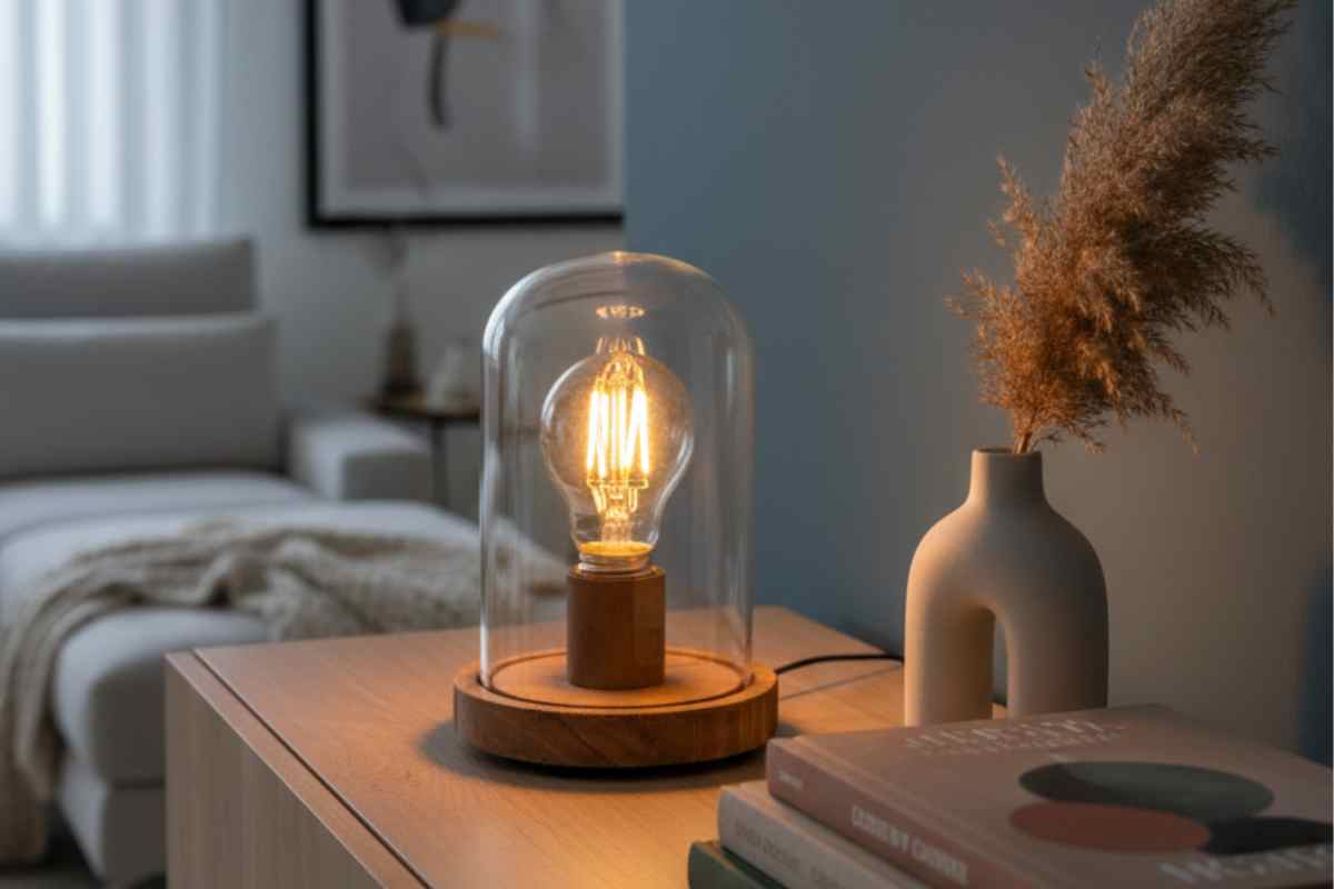 primark lampada poggiata sopra una madia in salotto