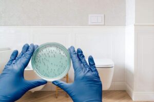 mani che mantengono un vetrino con una colonia di germi e bagno come sfondo