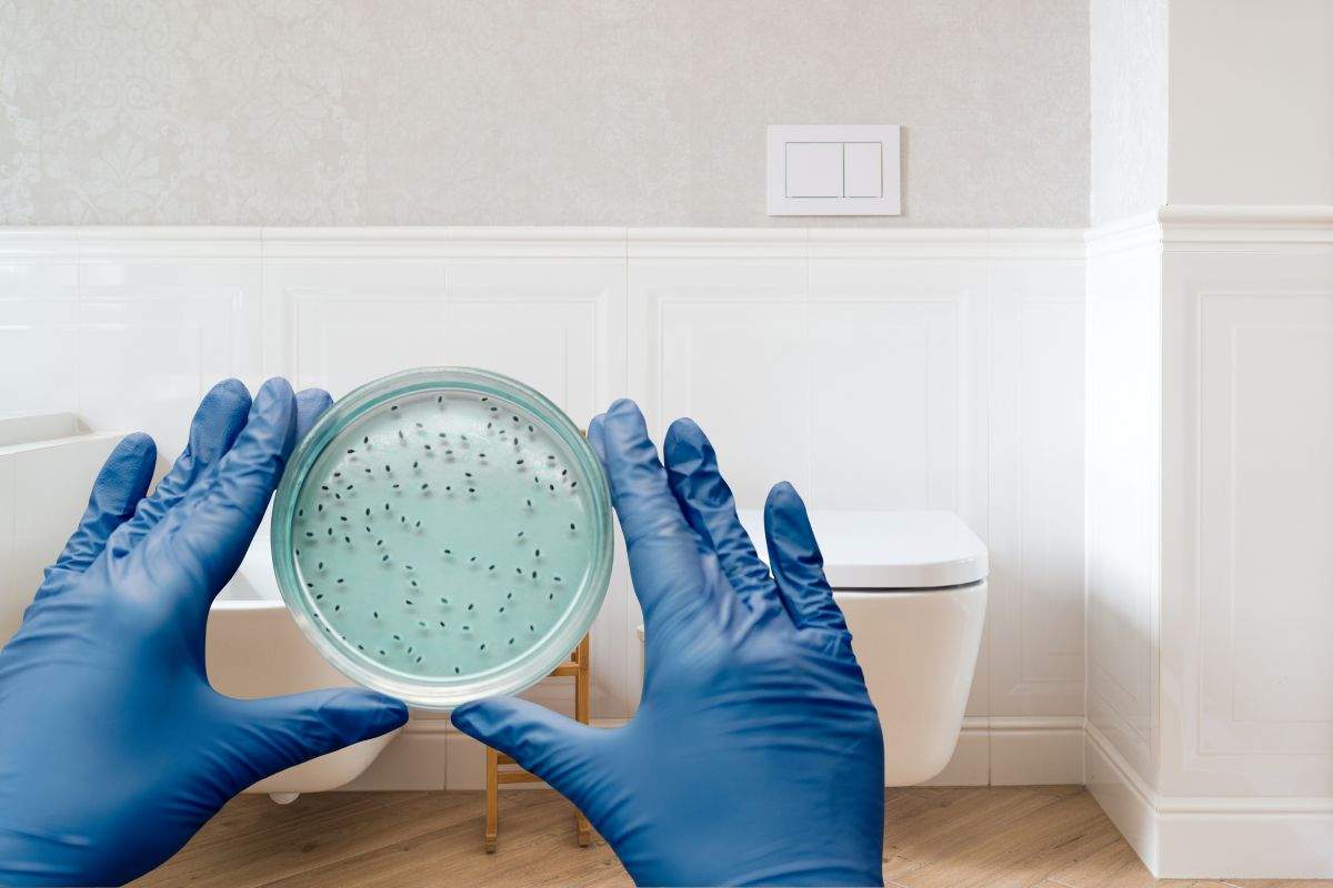 mani che mantengono un vetrino con una colonia di germi e bagno come sfondo